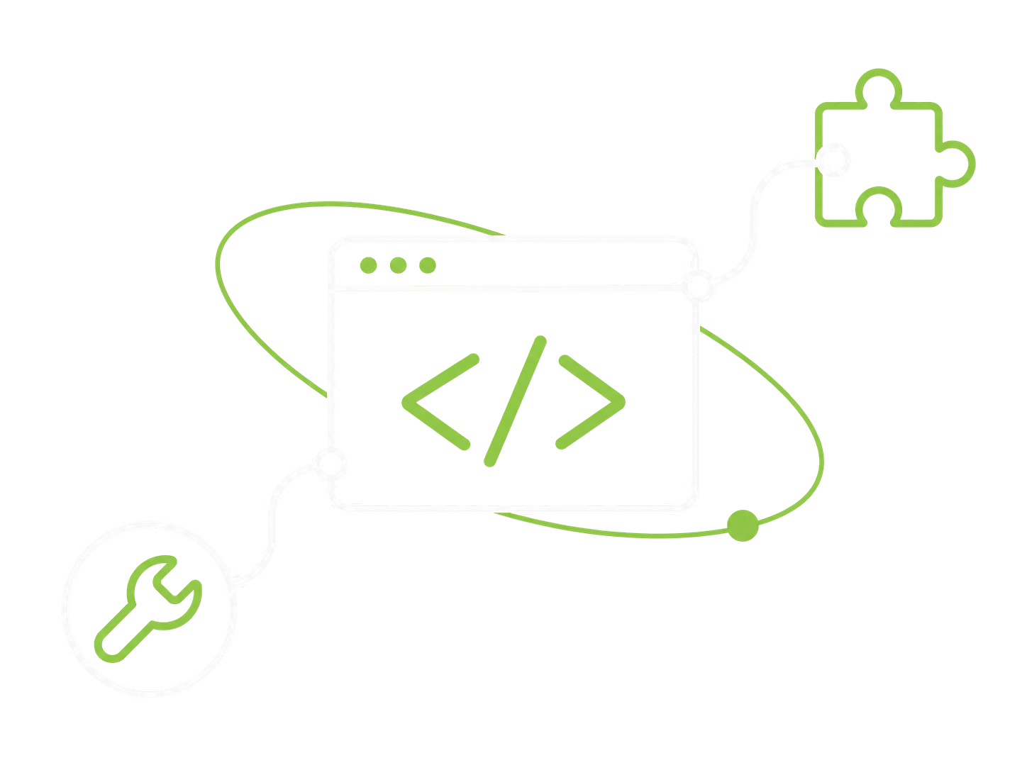 A browser with code brackets connected to custom features and hands-on fixes